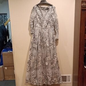 Elegant Silver Lace Embellished Long Sleeve Dress